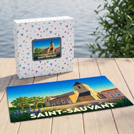 Puzzle souvenir de la ville de Saint-Sauvant avec une illustration stylisée.