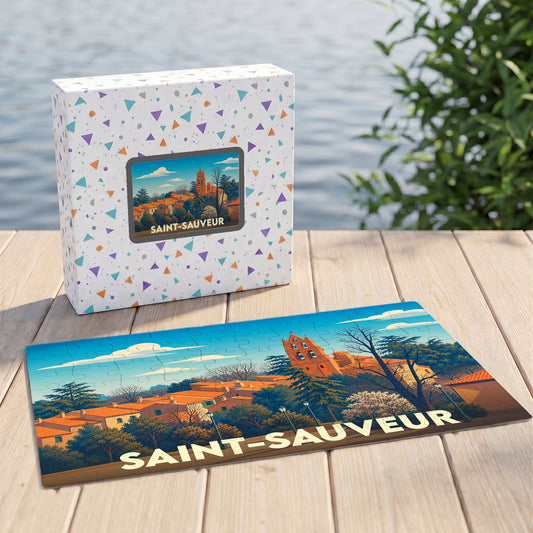 Puzzle souvenir de la ville de Saint-Sauveur avec une illustration stylisée de ses paysages et son église.