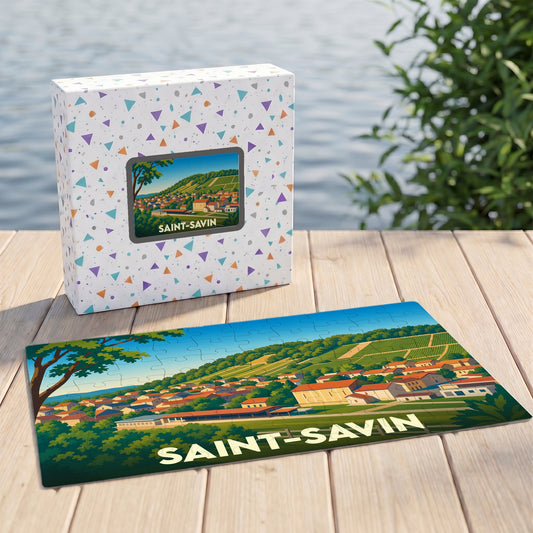 Puzzle souvenir de la ville de Saint-Savin avec une illustration stylisée de son paysage urbain et de ses collines.