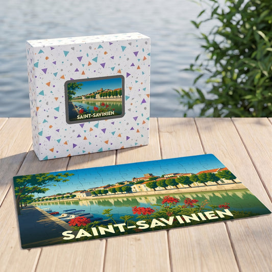 Puzzle souvenir de la ville de Saint-Savinien avec une illustration colorée des quais de la Charente.