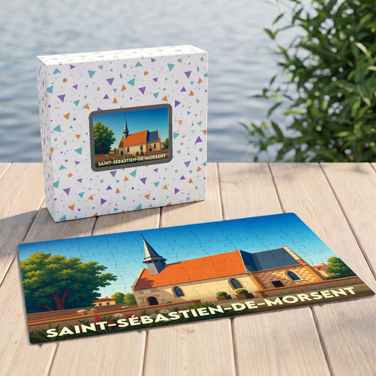 Puzzle souvenir de la ville de Saint-Sébastien-de-Morsent avec une illustration stylisée de son église.
