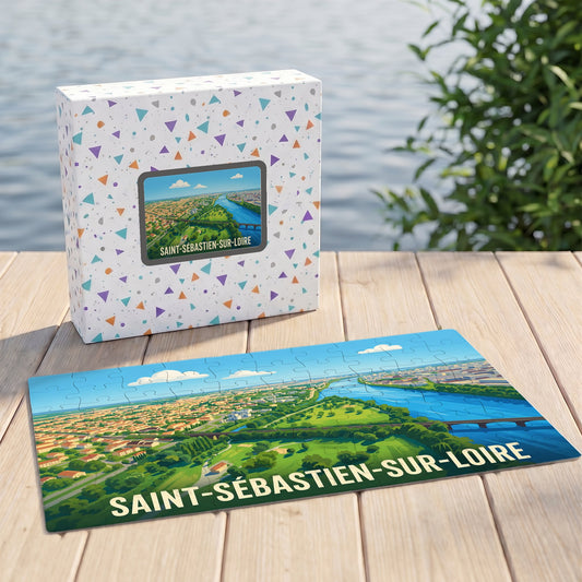 Puzzle souvenir de la ville de Saint-Sébastien-sur-Loire avec une illustration stylisée de la Loire et de son paysage urbain.
