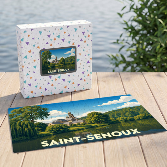 Puzzle souvenir de la ville de Saint-Senoux illustré d'un paysage bucolique au bord de l'eau.