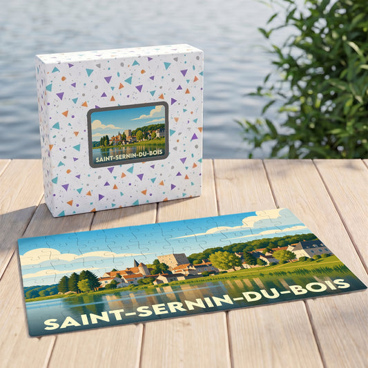 Puzzle souvenir de la ville de Saint-Sernin-du-Bois avec une illustration stylisée de son paysage au bord de l'eau.