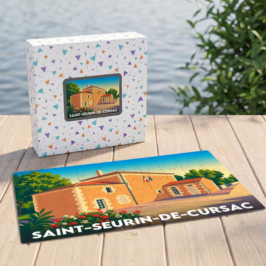 Puzzle souvenir de la ville de Saint-Seurin-de-Cursac avec une illustration stylisée de sa mairie.