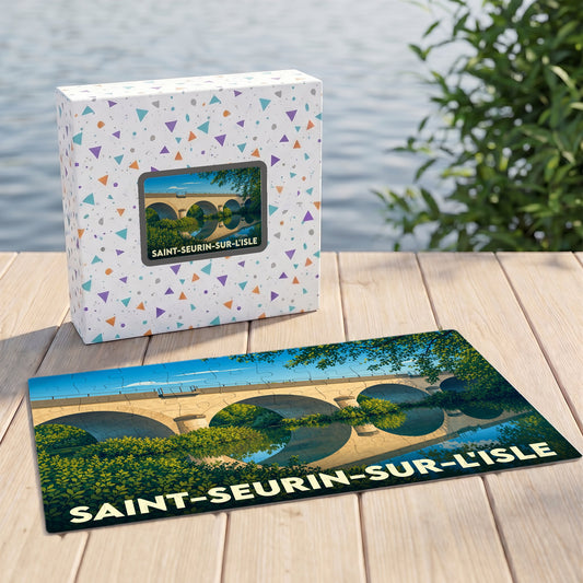 Puzzle souvenir de la ville de Saint-Seurin-sur-l'Isle avec une illustration stylisée d'un pont en pierre.