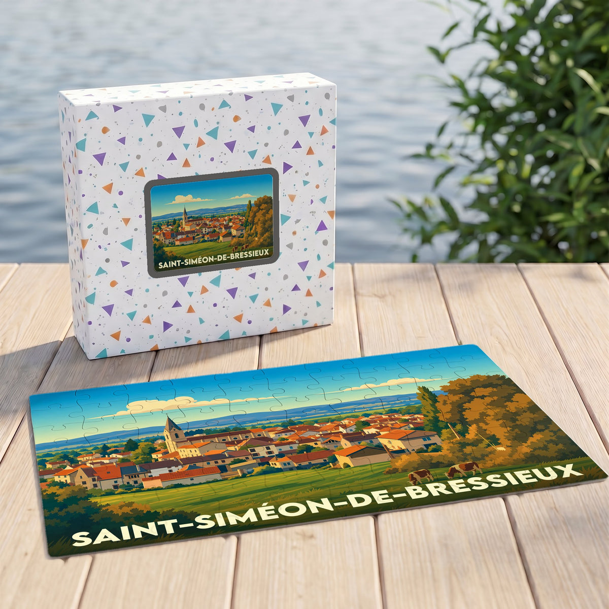 Puzzle souvenir de la ville de Saint-Siméon-de-Bressieux avec une illustration de paysage champêtre.