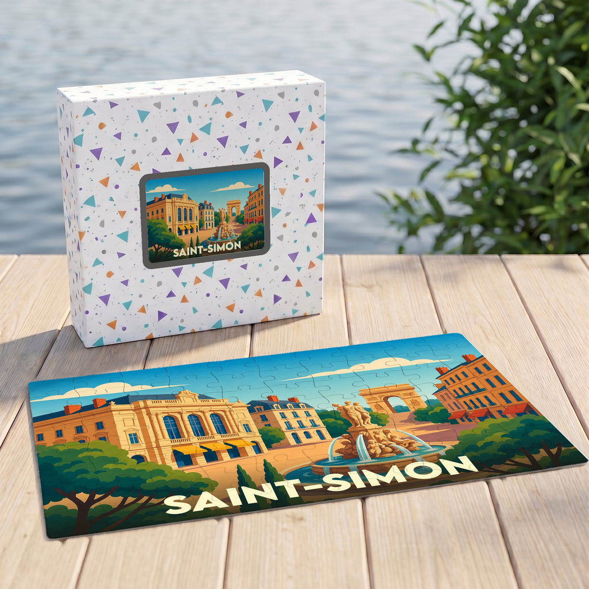 Puzzle souvenir de la ville de Saint-Simon avec une illustration stylisée et colorée de ses monuments.