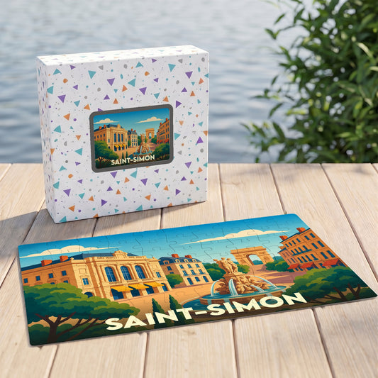 Puzzle souvenir de la ville de Saint-Simon avec une illustration stylisée et colorée de ses monuments.