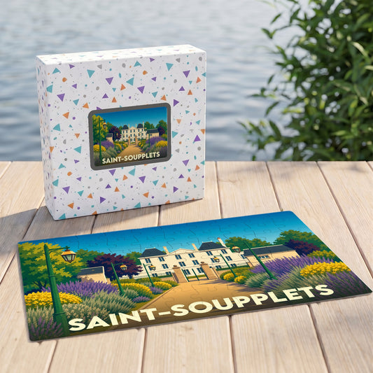 Puzzle souvenir de la ville de Saint-Soupplets avec une illustration stylisée d'un château fleuri.