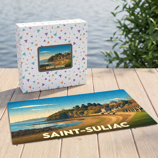 Puzzle souvenir de la ville de Saint-Suliac avec une illustration de paysage maritime stylisée.