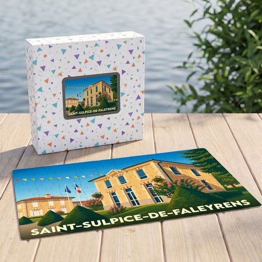 Puzzle souvenir de la ville de Saint-Sulpice-de-Faleyrens avec une illustration stylisée de son patrimoine.