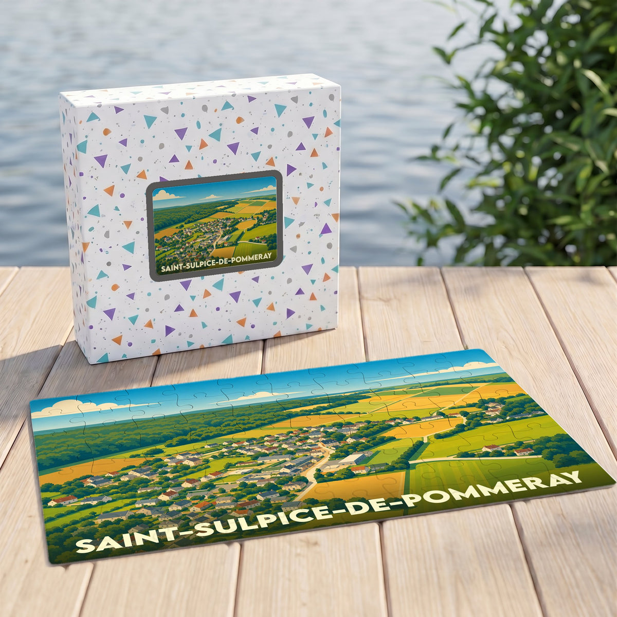 Puzzle souvenir de la ville de Saint-Sulpice-de-Pommeray avec une illustration paysagère stylisée.