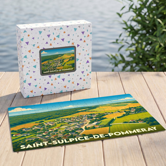 Puzzle souvenir de la ville de Saint-Sulpice-de-Pommeray avec une illustration paysagère stylisée.