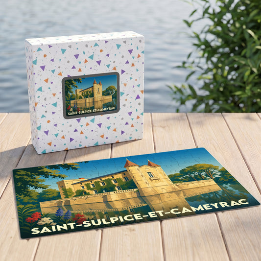 Puzzle souvenir de la ville de Saint-Sulpice-et-Cameyrac avec une illustration stylisée de son château.