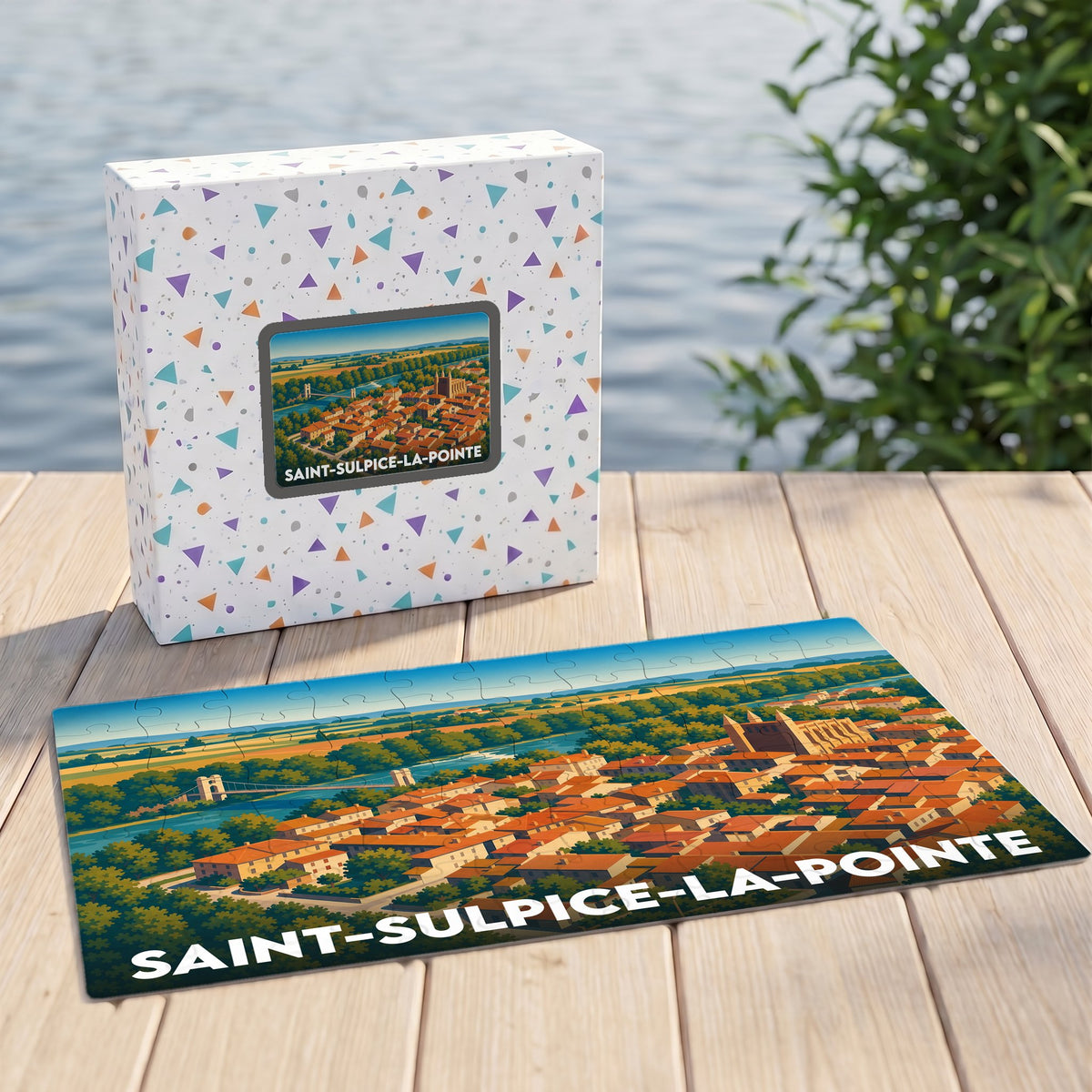 Puzzle souvenir de la ville de Saint-Sulpice-la-Pointe avec une illustration panoramique stylisée.