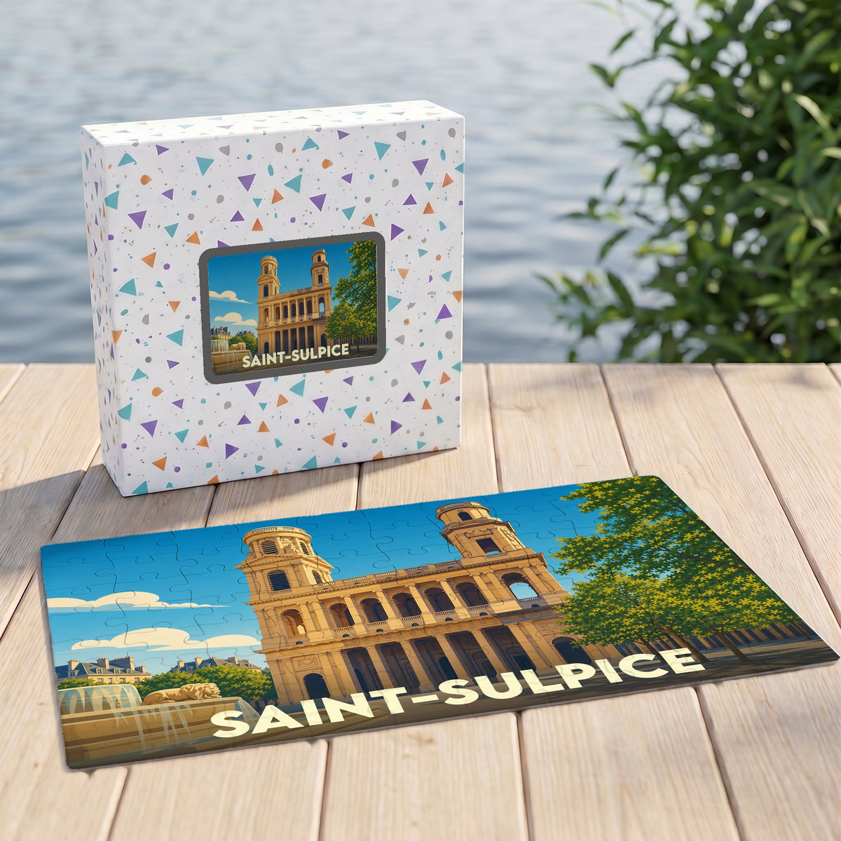 Puzzle souvenir de la ville de Saint-Sulpice avec une illustration stylisée de son église et de sa fontaine.
