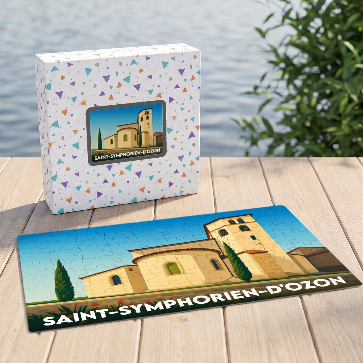 Puzzle souvenir de la ville de Saint-Symphorien-d'Ozon avec une illustration stylisée de son église.