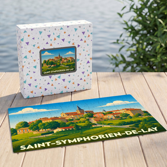 Puzzle souvenir de la ville de Saint-Symphorien-de-Lay avec une illustration colorée et panoramique.