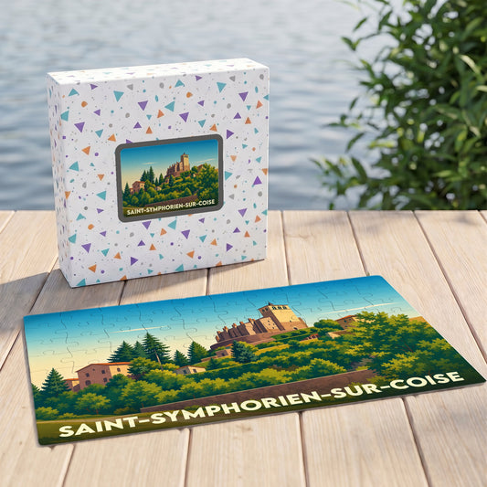 Puzzle souvenir de la ville de Saint-Symphorien-sur-Coise avec une illustration stylisée de son église collégiale.