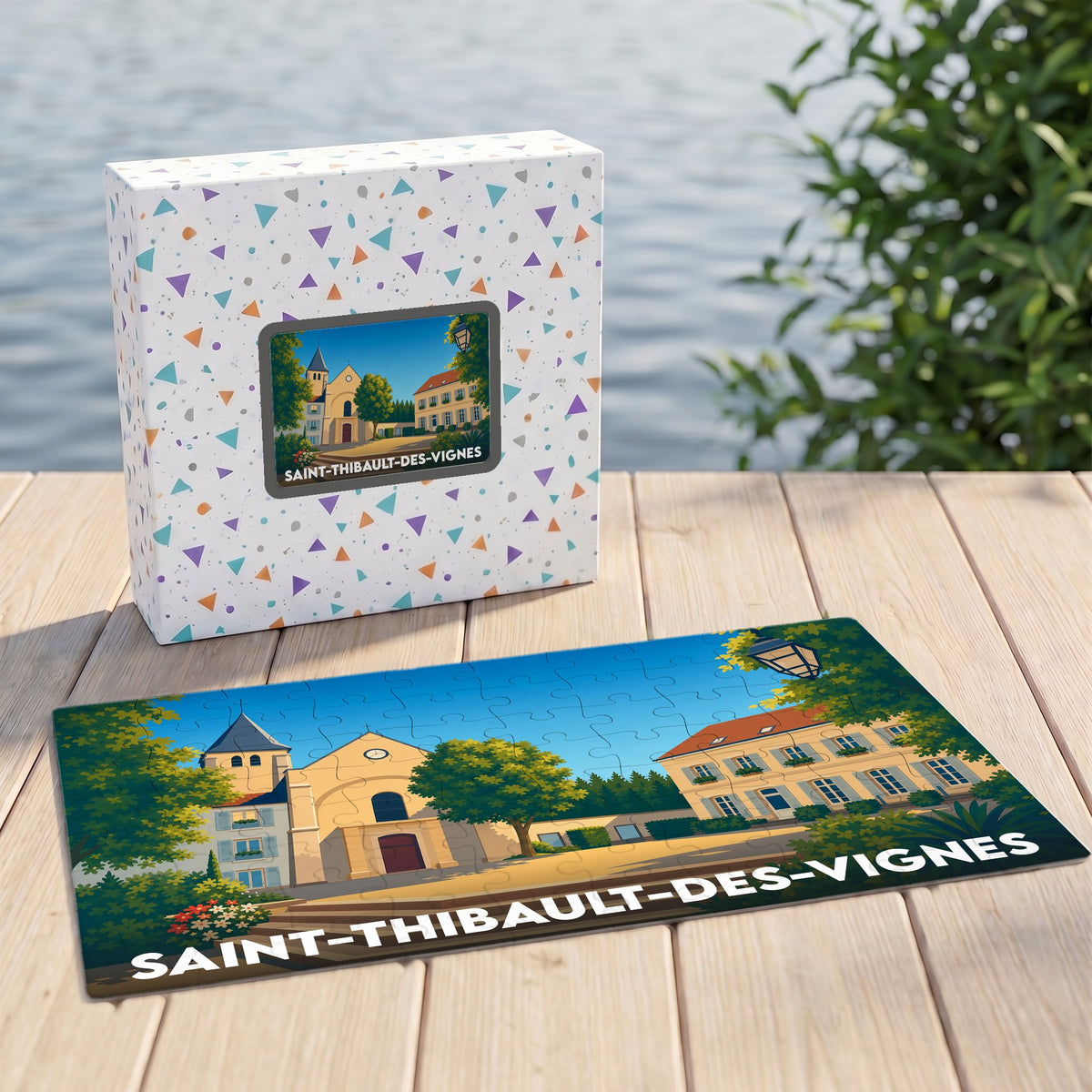 Puzzle souvenir de la ville de Saint-Thibault-des-Vignes avec une illustration stylisée de son église et de sa boîte assortie.