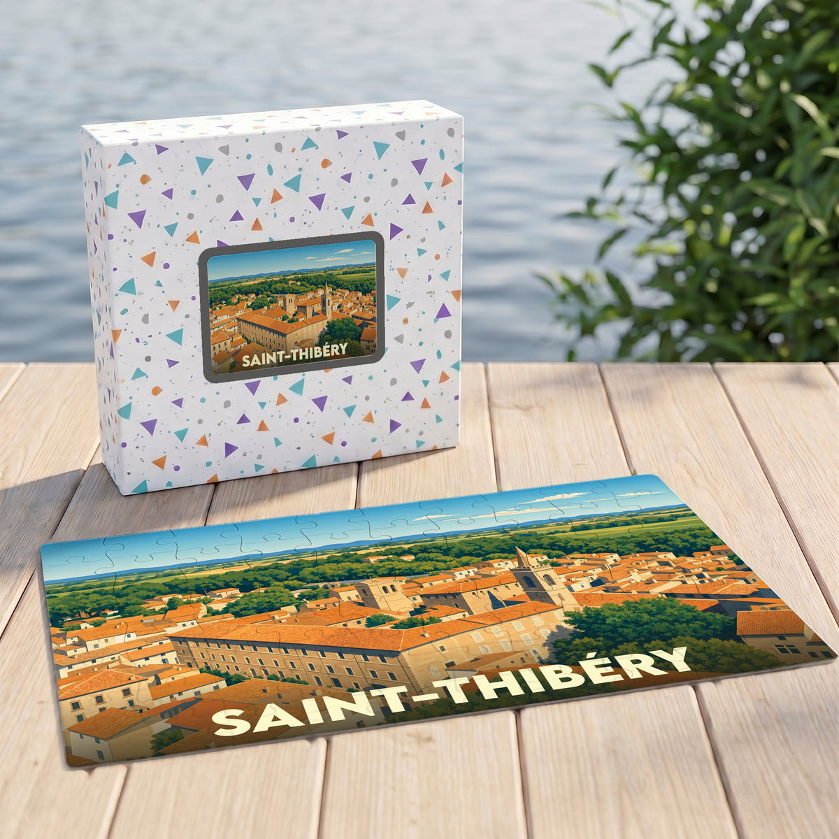 Puzzle souvenir de la ville de Saint-Thibéry avec une illustration panoramique stylisée.