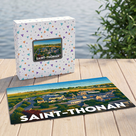 Puzzle souvenir de la ville de Saint-Thonan avec une illustration stylisée d'un paysage urbain.