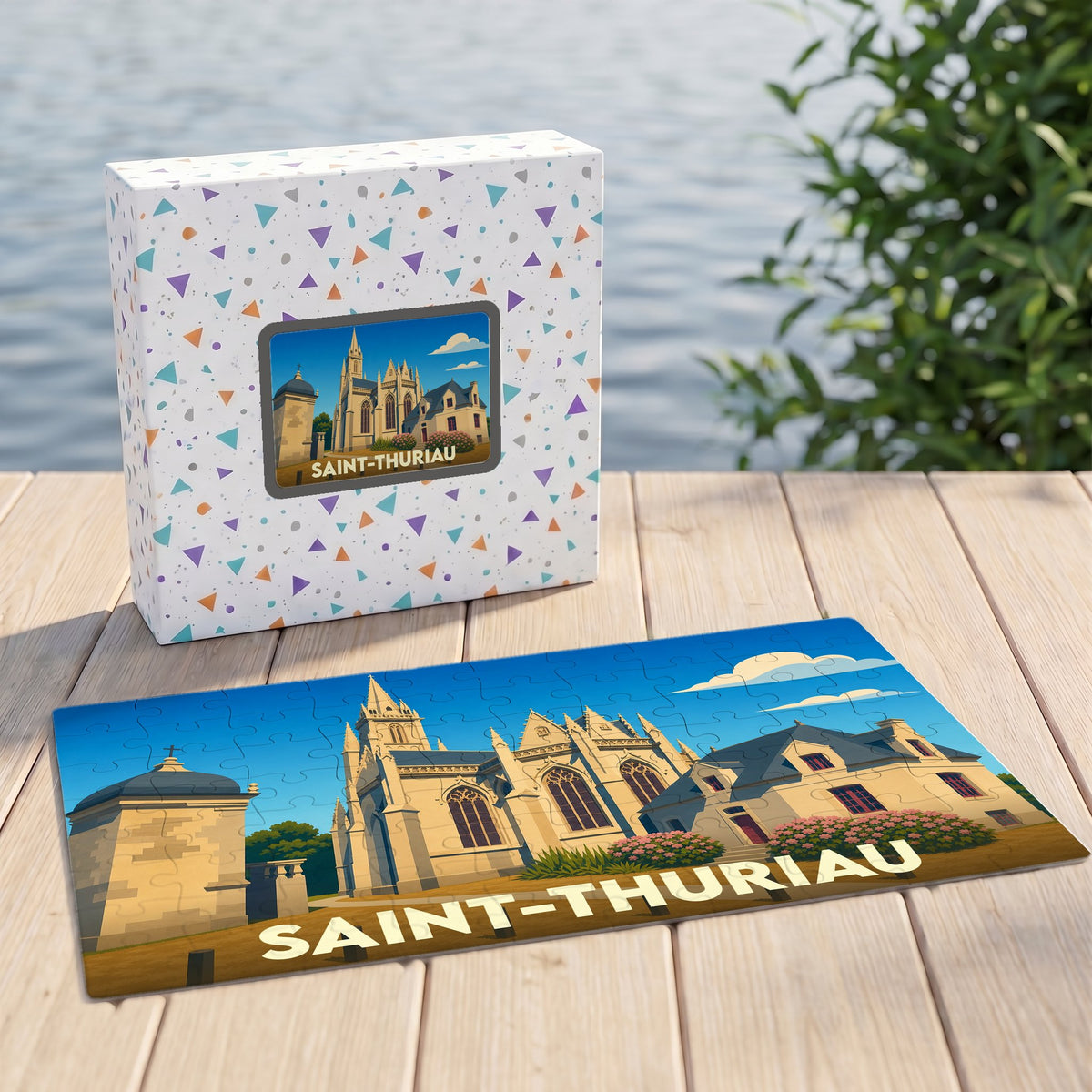 Puzzle souvenir de la ville de Saint-Thuriau avec une illustration stylisée de son église.