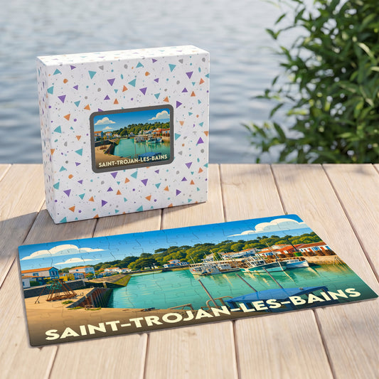 Puzzle souvenir de la ville de Saint-Trojan-les-Bains avec une illustration stylisée de son port.