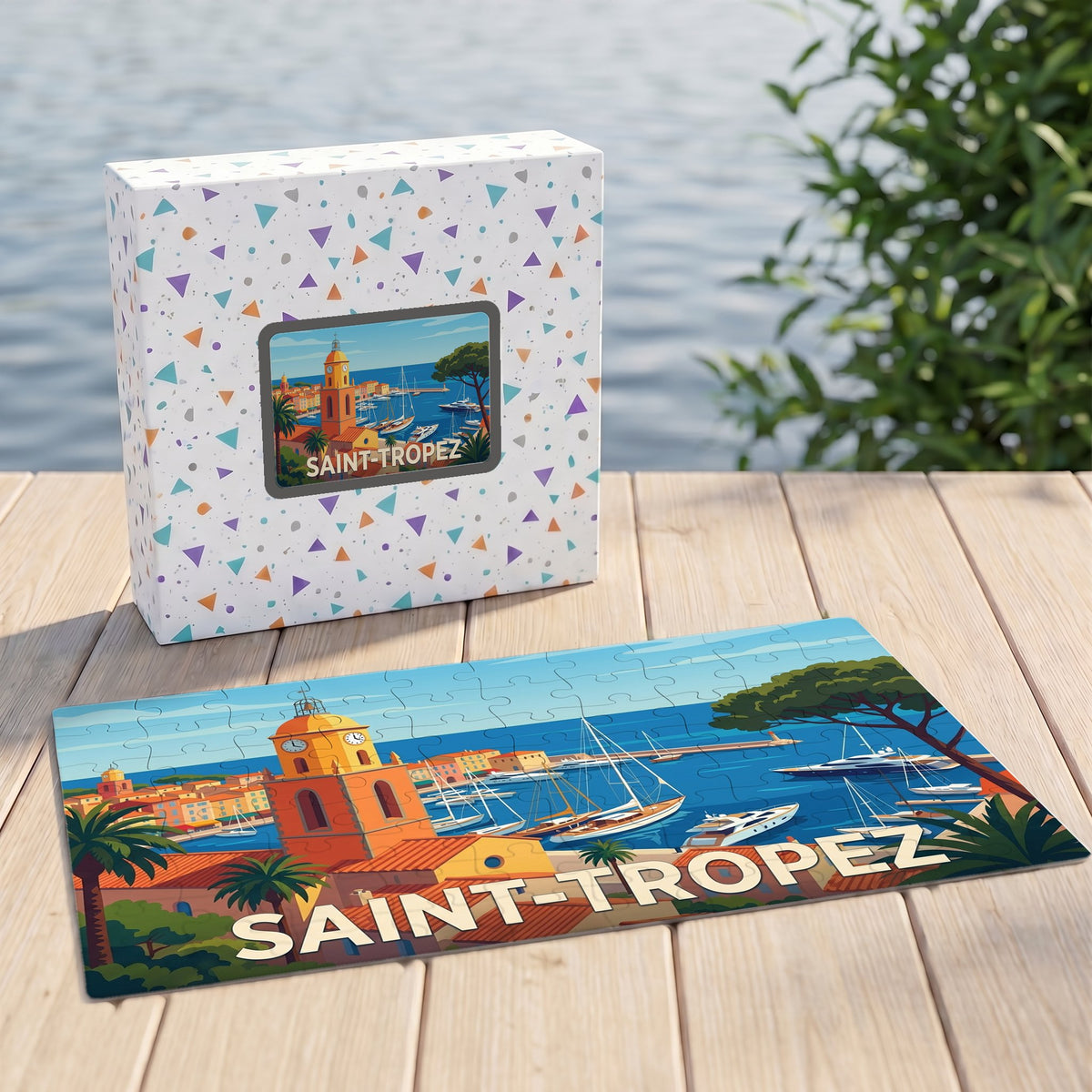 Puzzle souvenir de la ville de Saint-Tropez illustrant son port et son célèbre clocher dans un style rétro.