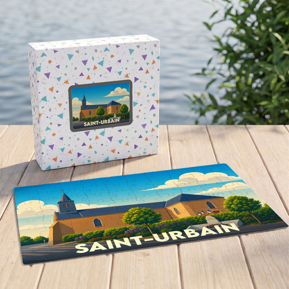 Puzzle souvenir de la ville de Saint-Urbain avec une illustration stylisée d'une église sous un ciel bleu.