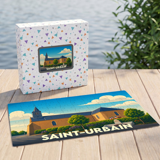 Puzzle souvenir de la ville de Saint-Urbain avec une illustration stylisée d'une église sous un ciel bleu.