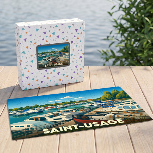 Puzzle souvenir de la ville de Saint-Usage avec une illustration stylisée de son port de plaisance.
