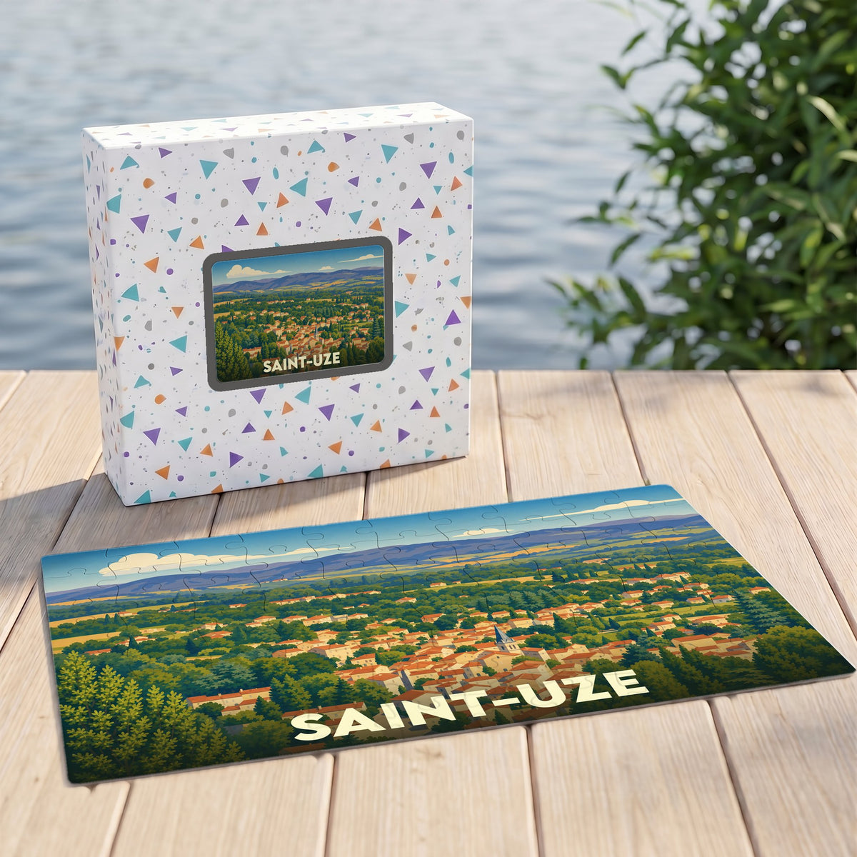 Puzzle souvenir de la ville de Saint-Uze avec une illustration de paysage panoramique.