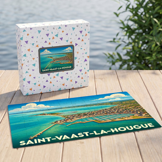 Puzzle souvenir de la ville de Saint-Vaast-la-Hougue avec son coffret, illustrés d'une vue aérienne stylisée du port.