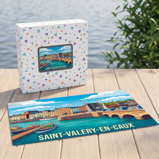 Puzzle souvenir de la ville de Saint-Valery-en-Caux avec une illustration stylisée de son port et de son pont.