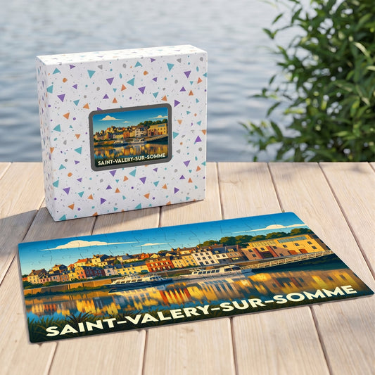 Puzzle souvenir de la ville de Saint-Valery-sur-Somme avec une illustration colorée du port et de ses reflets.