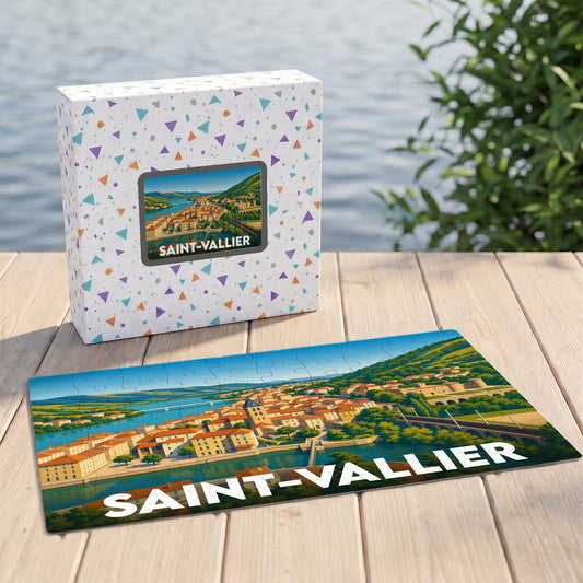 Puzzle souvenir de la ville de Saint-Vallier avec une illustration panoramique stylisée.
