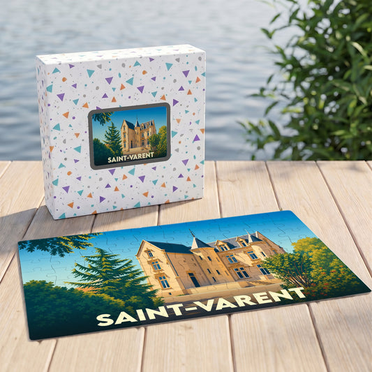 Puzzle souvenir de la ville de Saint-Varent avec une illustration stylisée de son château.