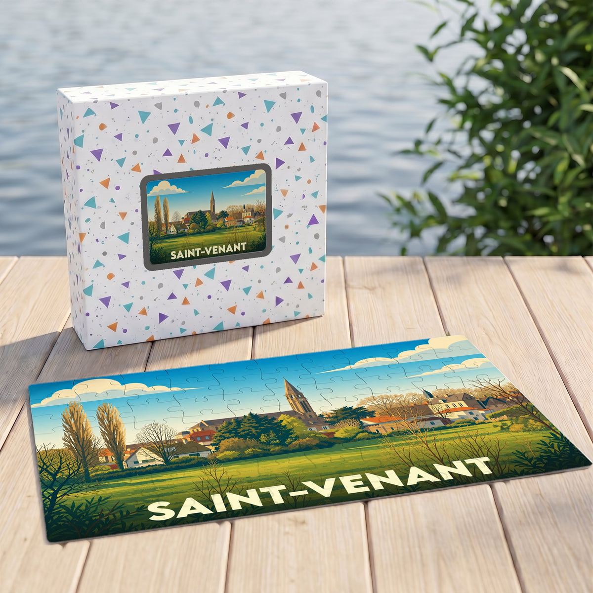 Puzzle souvenir de la ville de Saint-Venant présentant une illustration stylisée de son paysage urbain et de son église.