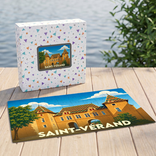 Puzzle souvenir de la ville de Saint-Vérand avec une illustration colorée de son château.