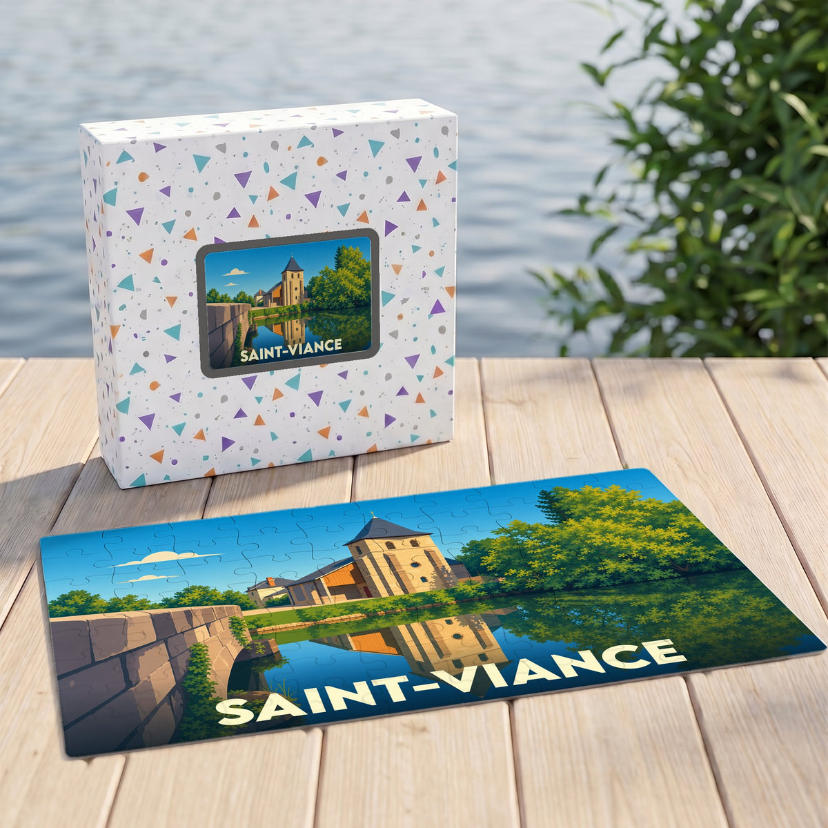 Puzzle souvenir de la ville de Saint-Viance avec une illustration stylisée.