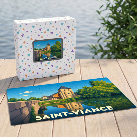 Puzzle souvenir de la ville de Saint-Viance avec une illustration stylisée.