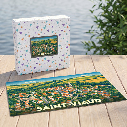 Puzzle souvenir de la ville de Saint-Viaud avec une illustration panoramique stylisée.