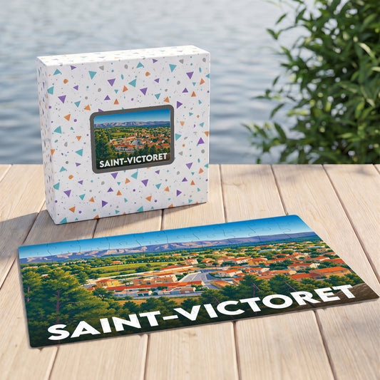 Puzzle souvenir de la ville de Saint-Victoret avec une illustration stylisée d'un paysage provençal.