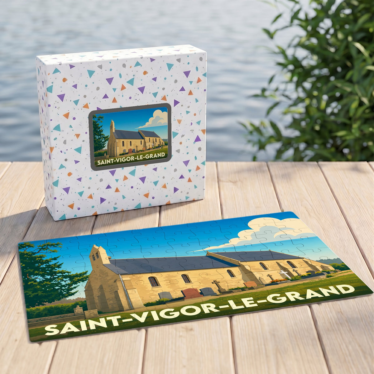 Puzzle souvenir de Saint-Vigor-le-Grand illustré par une vue stylisée de son église.