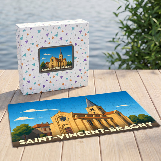 Puzzle souvenir de la ville de Saint-Vincent-Bragny avec une illustration stylisée de son église.