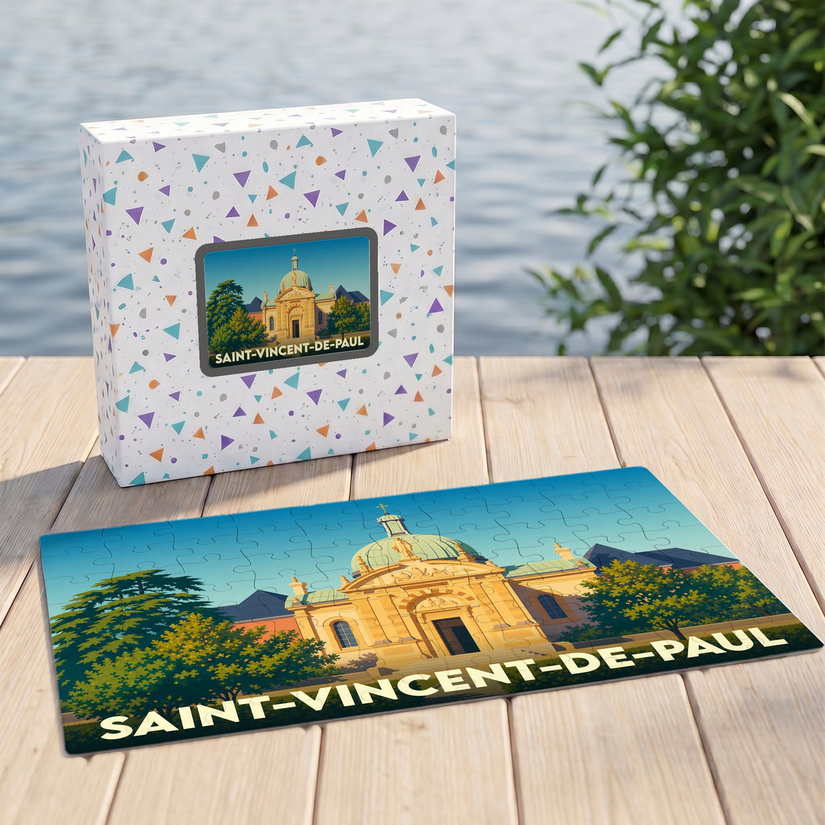 Puzzle souvenir de la ville de Saint-Vincent-de-Paul avec une illustration stylisée de son église.