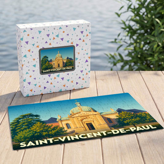 Puzzle souvenir de la ville de Saint-Vincent-de-Paul avec une illustration stylisée de son église.