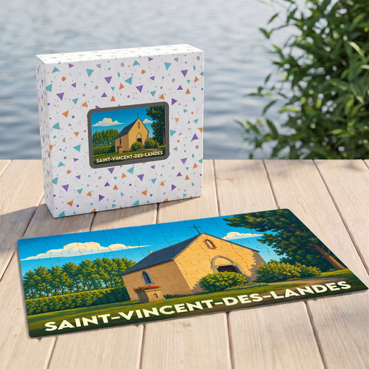 Puzzle souvenir de Saint-Vincent-des-Landes avec une illustration stylisée d'une petite chapelle sous un ciel bleu.